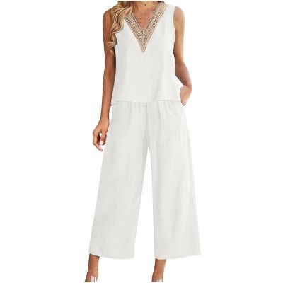 2023 Summer Women's 2 Piece Outfits Lounge Matching Sets Two Piece Cotton Linen Shorts Crop Tops Plus Size Tracksuits