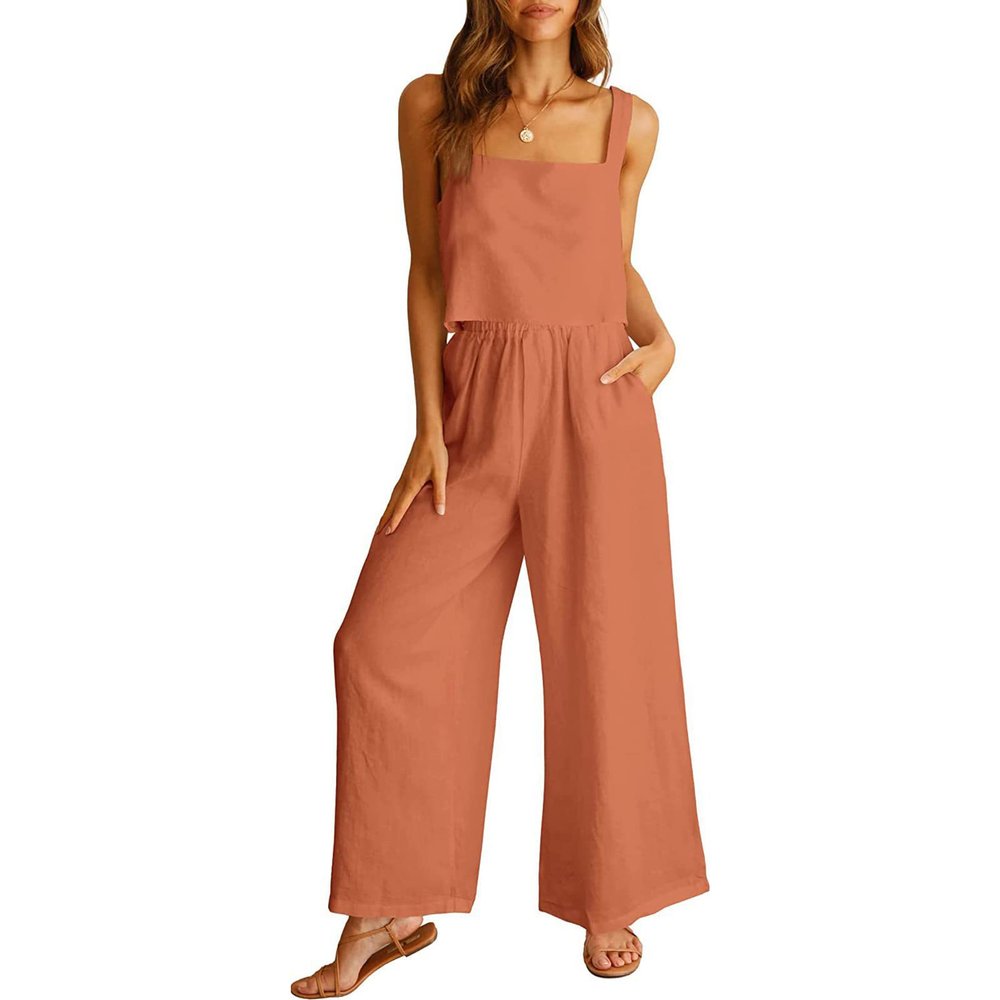 2023 Summer Womens Cotton Linen 2 Piece Outfits Crop Tank Tops and Wide Leg Pants Set Casual Lounge Tracksuits Sets