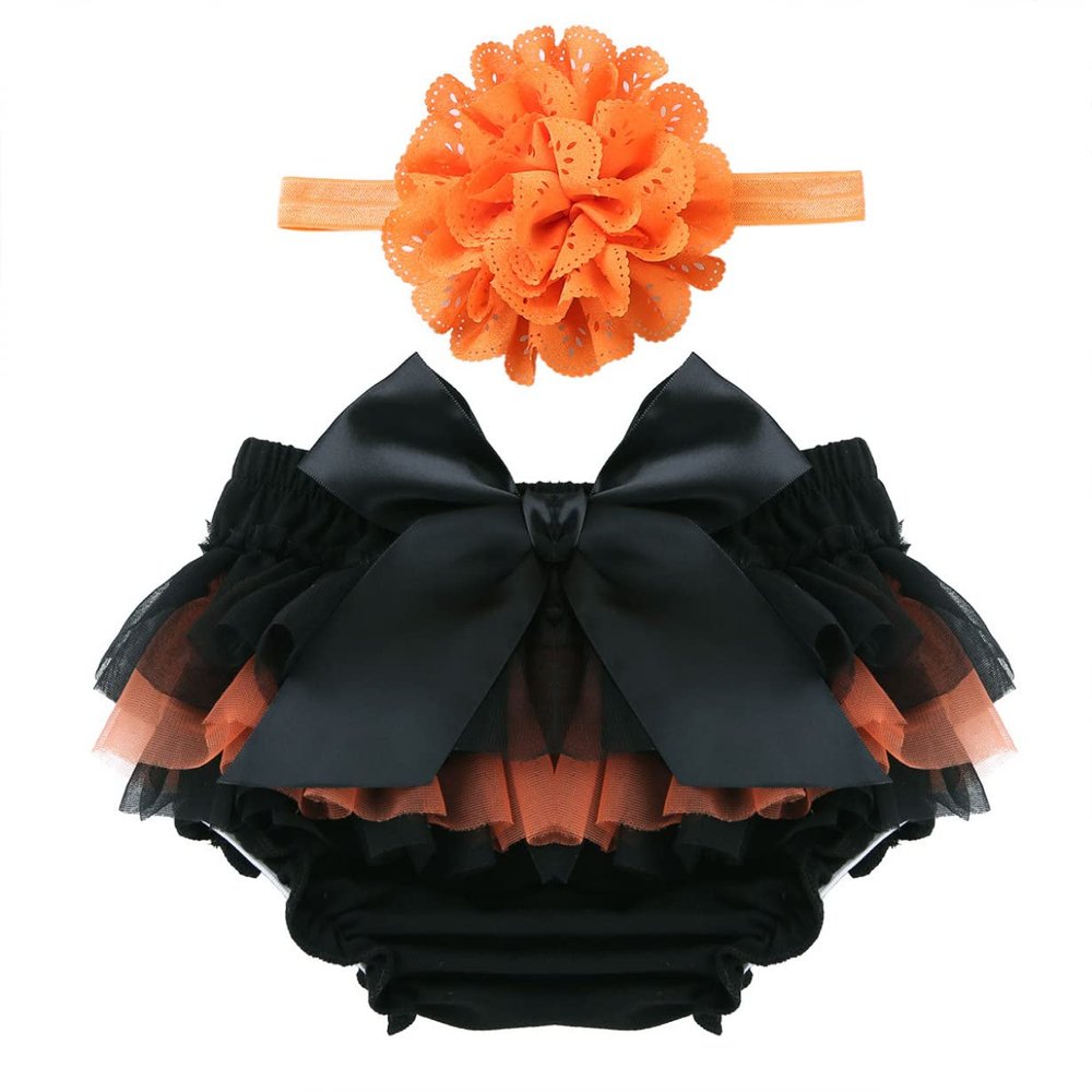 YEAHDOR Infant Baby Girls' Bowknot Ruffle Tulle Bloomers Shorts Diaper Cover with Flower Headband Set Photography Outfit Black&Orange 6-9 Months