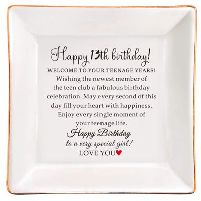 XJF 13th Birthday Ceramic Jewelry Dish, Gifts for Girls From Mum, Happy 13th Decorations, 13 Years Gifts for Children