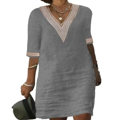 Casual Cotton Linen Tshirt Midi Dress for Women Summer V Neck Lace Trim Half Sleeve Solid Beach Flowy Plus Size Loose Shift Tunic Dress