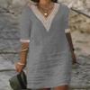 Casual Cotton Linen Tshirt Midi Dress for Women Summer V Neck Lace Trim Half Sleeve Solid Beach Flowy Plus Size Loose Shift Tunic Dress view 2
