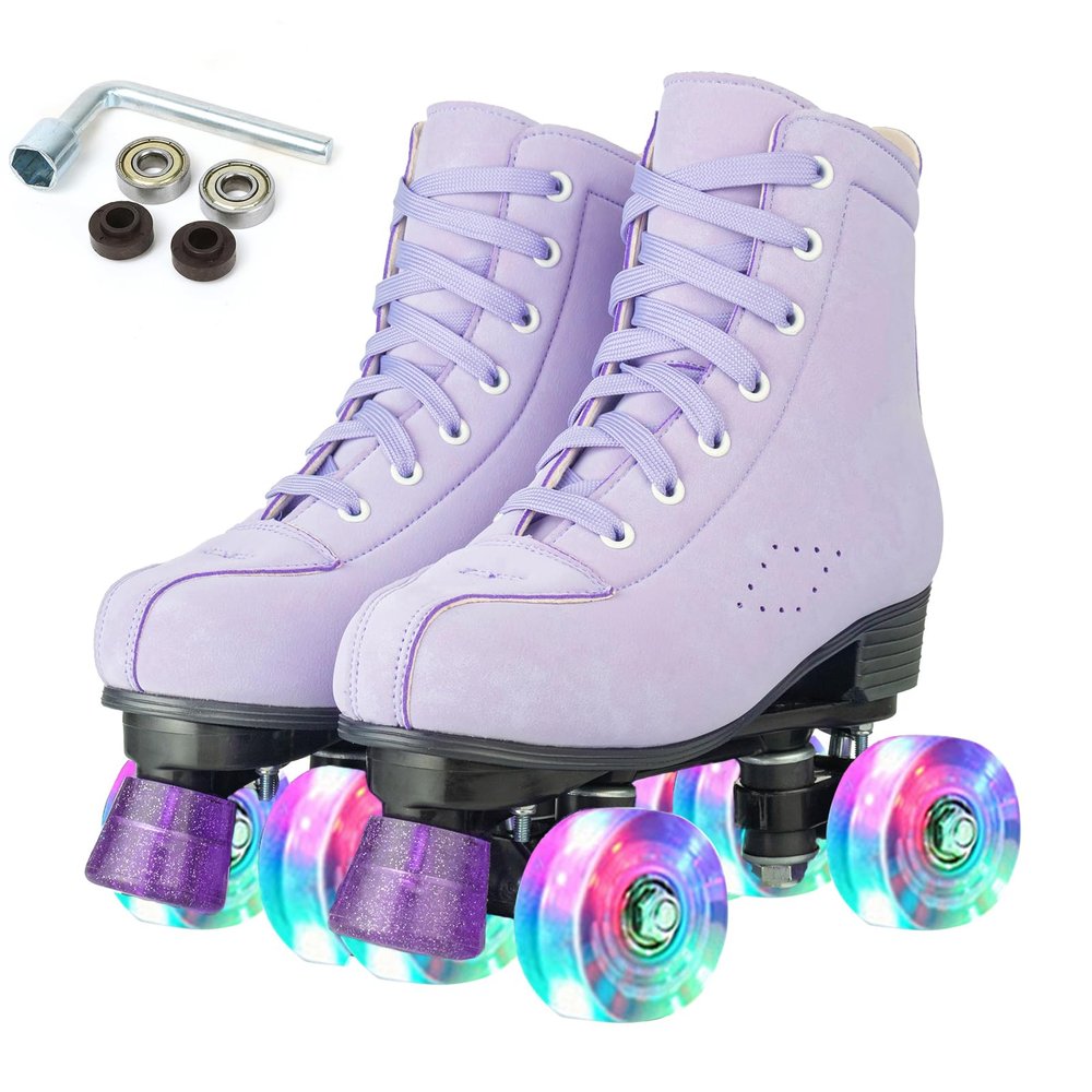 Gets Roller Skates Women Outdoor High-top Adult Roller Derby Skates Wheels Light Up Roller Skates Double Row Quad Skates for Men Girls Unisex (Light Purple Flashing Wheel,38)