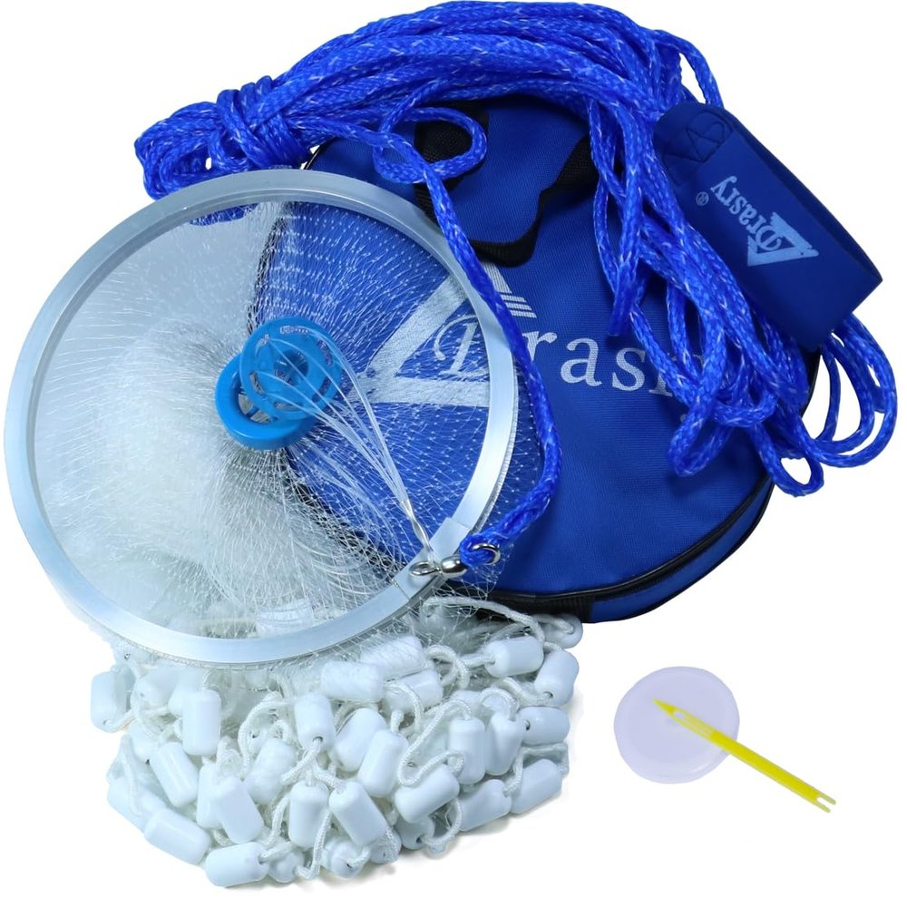 Drasry Fishing Cast Net with Aluminum Ring 3/8 or 1/2 Mesh for Saltwater Freshwater Bait Shrimp Trap Fish Throw Net Size 4FT/5FT/6FT/7FT Radius (Gray Sinkers 3/8 Mesh, 5FT / 150cm Radius