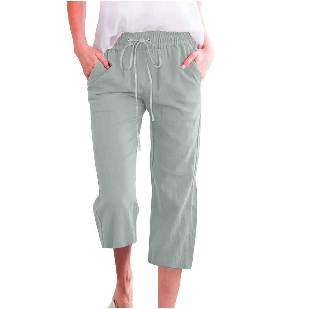 SMIDOW Capri Pants for Women Casual 2023 Summer Drawstring Elastic High Waist Linen Pant Straight Wide Leg Cropped Trouser #016 Mint Green 5X-Large