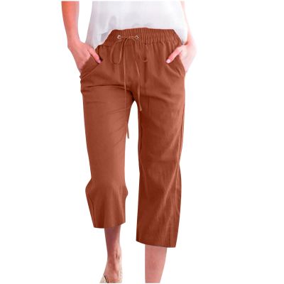 SMIDOW Capri Pants for Women Casual 2023 Summer Drawstring Elastic High Waist Linen Pant Straight Wide Leg Cropped Trouser #014 Coffee 5X-Large