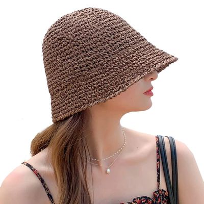 Womens Straw Sun Hat Woven Crochet Bucket Hat Fishing Hat Beach Hat Foldable Cap Solid Color Straw Summer Beach Hat (Coffee,One Size)