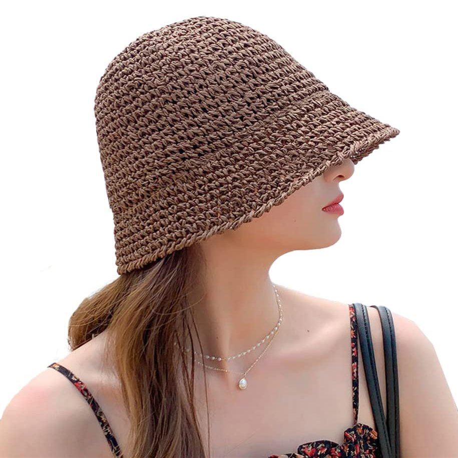 Womens Straw Sun Hat Woven Crochet Bucket Hat Fishing Hat Beach Hat Foldable Cap Solid Color Straw Summer Beach Hat (Coffee,One Size)