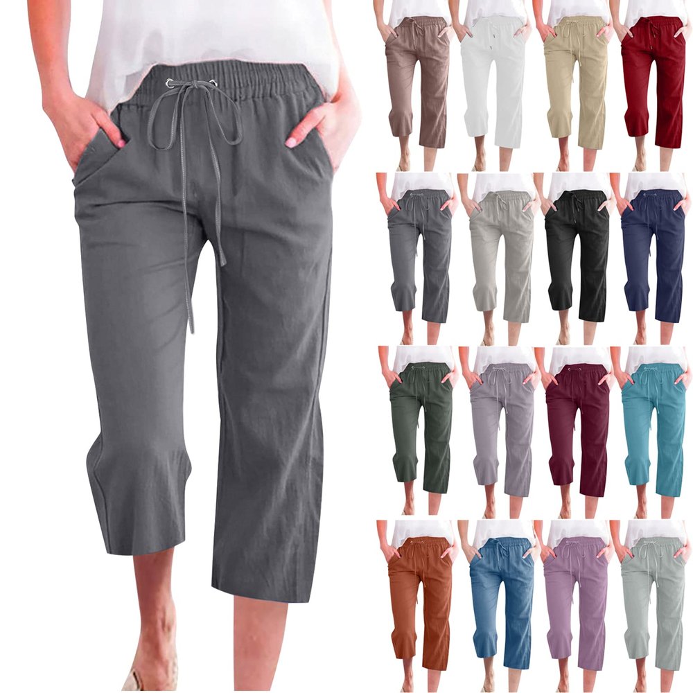 SMIDOW Capri Pants for Women Casual 2023 Summer Drawstring Elastic High Waist Linen Pant Straight Wide Leg Cropped Trouser #011 Dark Gray 5X-Large
