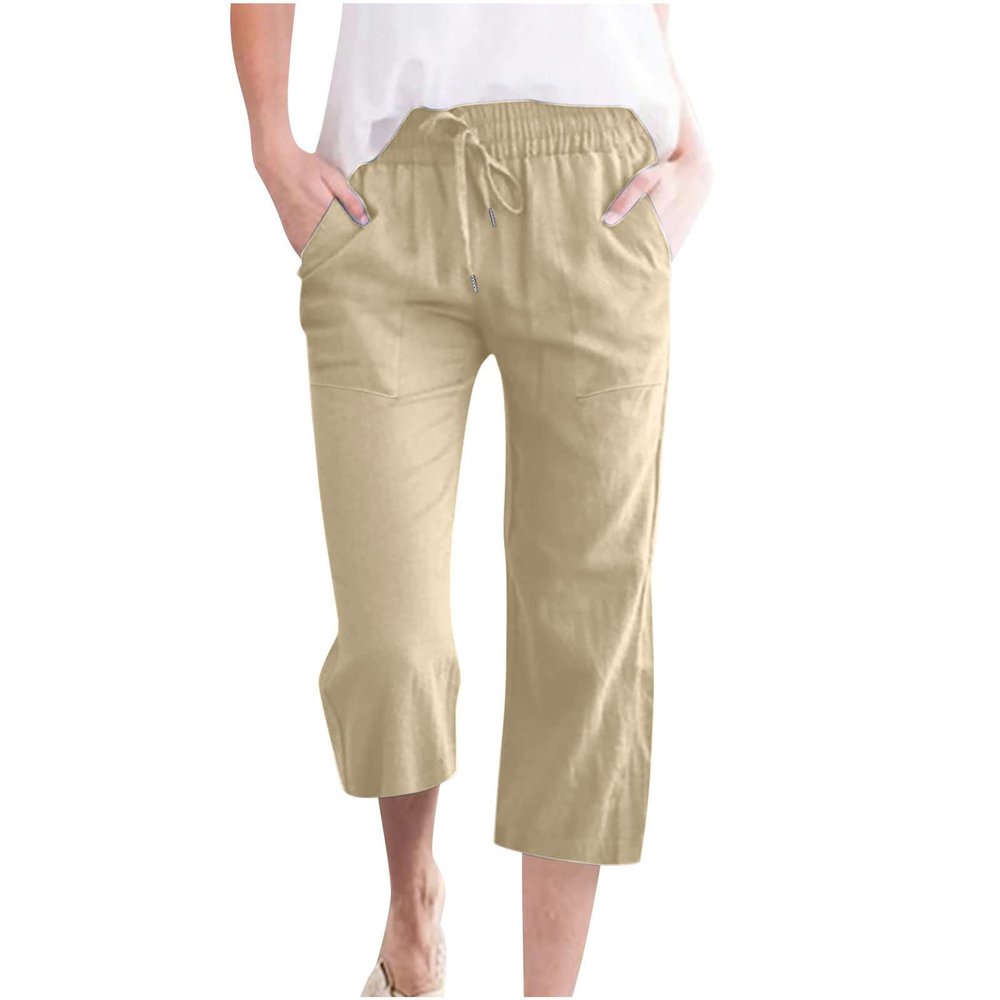 SMIDOW Capri Pants for Women Casual 2023 Summer Drawstring Elastic High Waist Linen Pant Straight Wide Leg Cropped Trouser #06 Khaki 4X-Large
