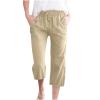 SMIDOW Capri Pants for Women Casual 2023 Summer Drawstring Elastic High Waist Linen Pant Straight Wide Leg Cropped Trouser #06 Khaki 4X-Large view 1