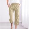 SMIDOW Capri Pants for Women Casual 2023 Summer Drawstring Elastic High Waist Linen Pant Straight Wide Leg Cropped Trouser #06 Khaki 4X-Large view 2