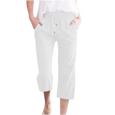 SMIDOW Capri Pants for Women Casual 2023 Summer Drawstring Elastic High Waist Linen Pant Straight Wide Leg Cropped Trouser #08 White 5X-Large