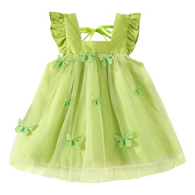 Toddler Girls Fly Sleeve Butterfly Tulle Ruffles Dress Dance Party Princess Dresses Clothes (Green, 12-18 Months)
