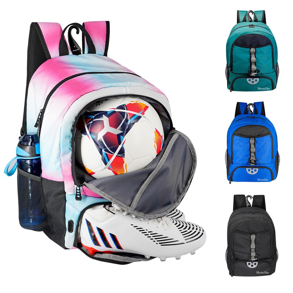 Moonlike Youth Soccer Bag, Soccer Backpack for Football Volleyball Basketball, Backpack with Ball Compartment and Ball Holder (Pink)