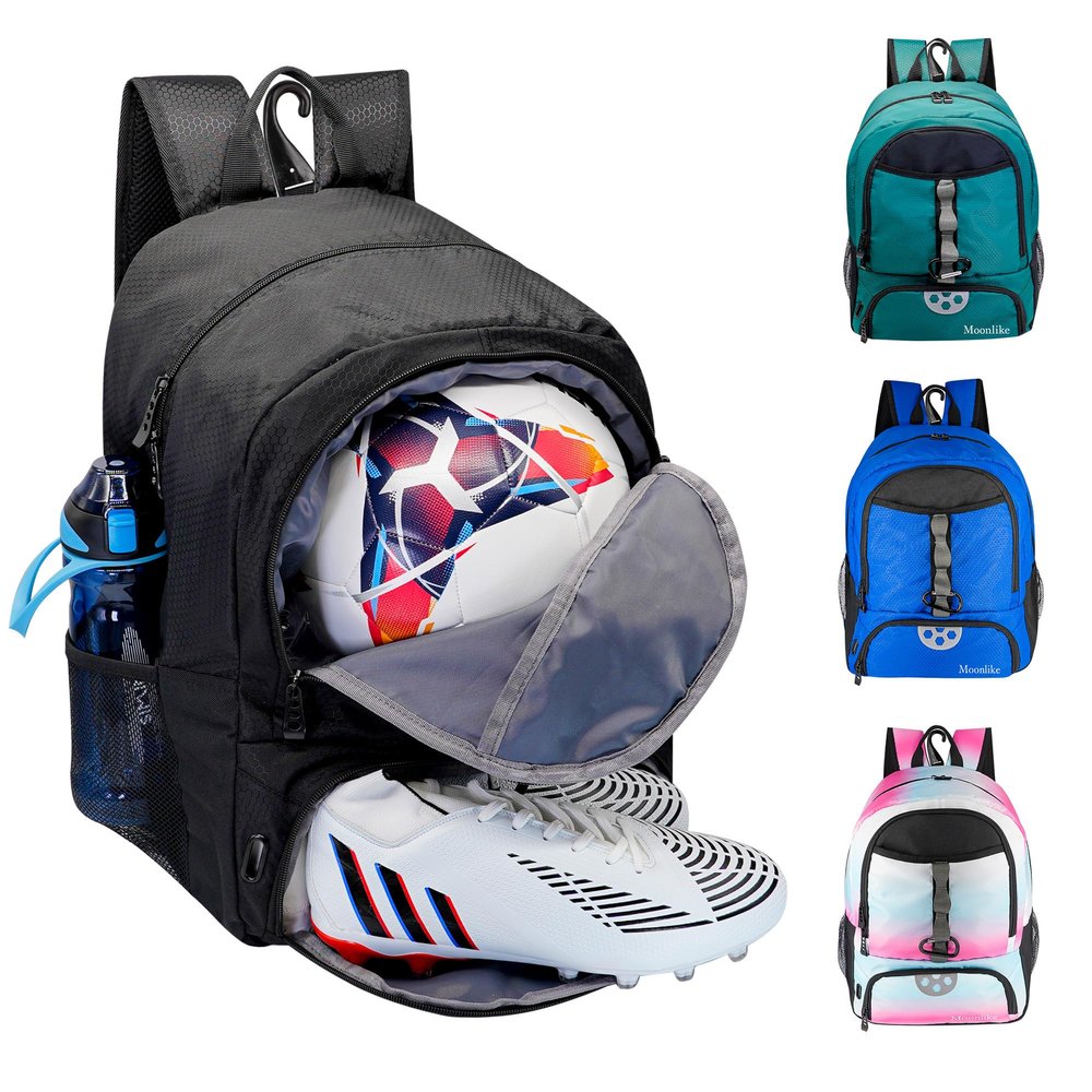 Moonlike Youth Soccer Bag, Soccer Backpack for Football Volleyball Basketball, Backpack with Ball Compartment and Ball Holder (Black)