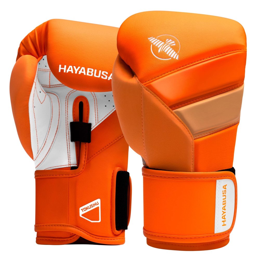Hayabusa T3 Boxing Gloves for Men and Women Wrist and Knuckle Protection, Dual-X Hook and Loop Closure, Splinted Wrist Support, 5 Layer Foam Knuckle Padding - Neon Orange, 18oz