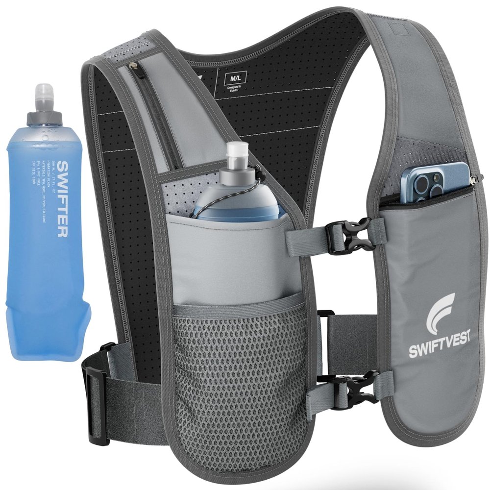 SWIFTVEST Running Phone Holder Vest | Waterproof Phone Pouch | Reflective Hydration Vest | Adjustable Waistband | Water Bottle Holder | Lightweight | 6 Pockets for Running Accessories - Men & Women