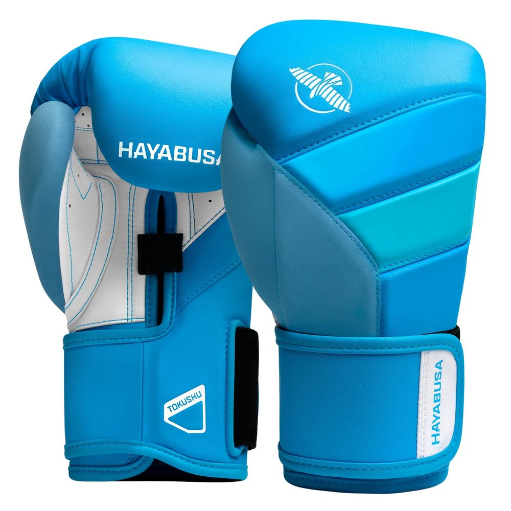 Hayabusa T3 Boxing Gloves for Men and Women Wrist and Knuckle Protection, Dual-X Hook and Loop Closure, Splinted Wrist Support, 5 Layer Foam Knuckle Padding - Neon Blue, 16oz