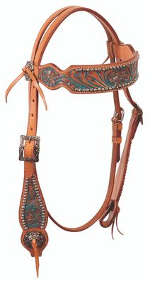 Buffalo Leather Western Browband Headstall Tooled with Dots and Turquoise Accents (Light)