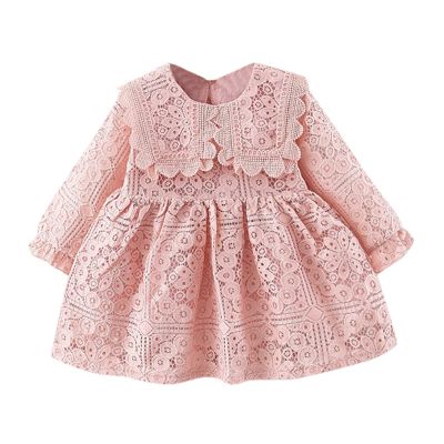 Toddler Kids Infant Baby Girls Long Ruffled Sleeve Solid Patchwork Lace Princess Dress Outfits Princess Party Favors (Pink, 18-24 Months)