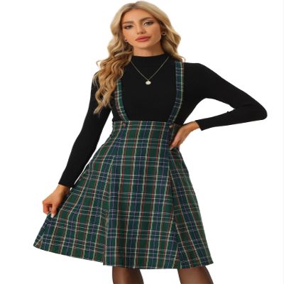 Allegra K Overall Plaid Dress for Women's Christmas Tartan Pinafore Suspender Skirt Small Green