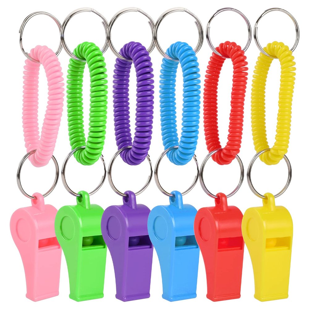 Mozeat Lens 6Pcs Sport Whistle with Bracelet Plastic Whistles with Stretchable Coil Loud Clear Whistles for Coaches Referees Birthday Party Gift Decorations