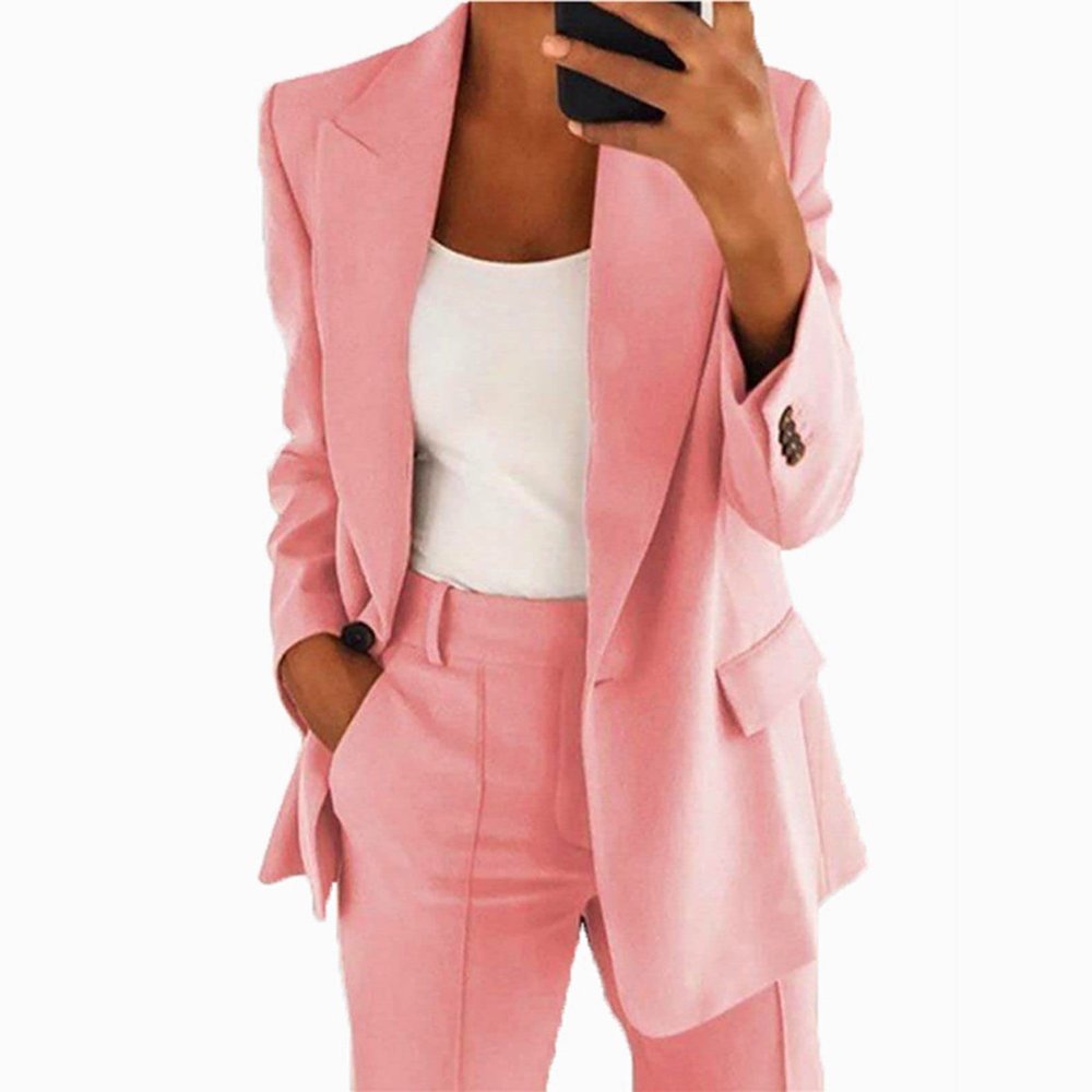 ERTUPE Women's 2 Piece Casual Blazers Open Front Long Sleeve Work Office Jackets and Pants Business Office Suit Set Pink