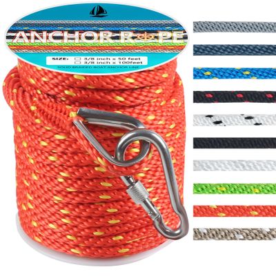 3/8 Inch 50 FT Anchor Rope, Boat Anchor Rope Solid Braid MFP, Anchor Line with 316 Stainless Steel Thimble and Snap Hook - Orange & Yellow
