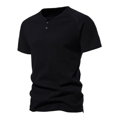 Hdhdeueh Men Henry Neck Button T Shirt Solid Color Golf Wear Basic T-Shirt Black