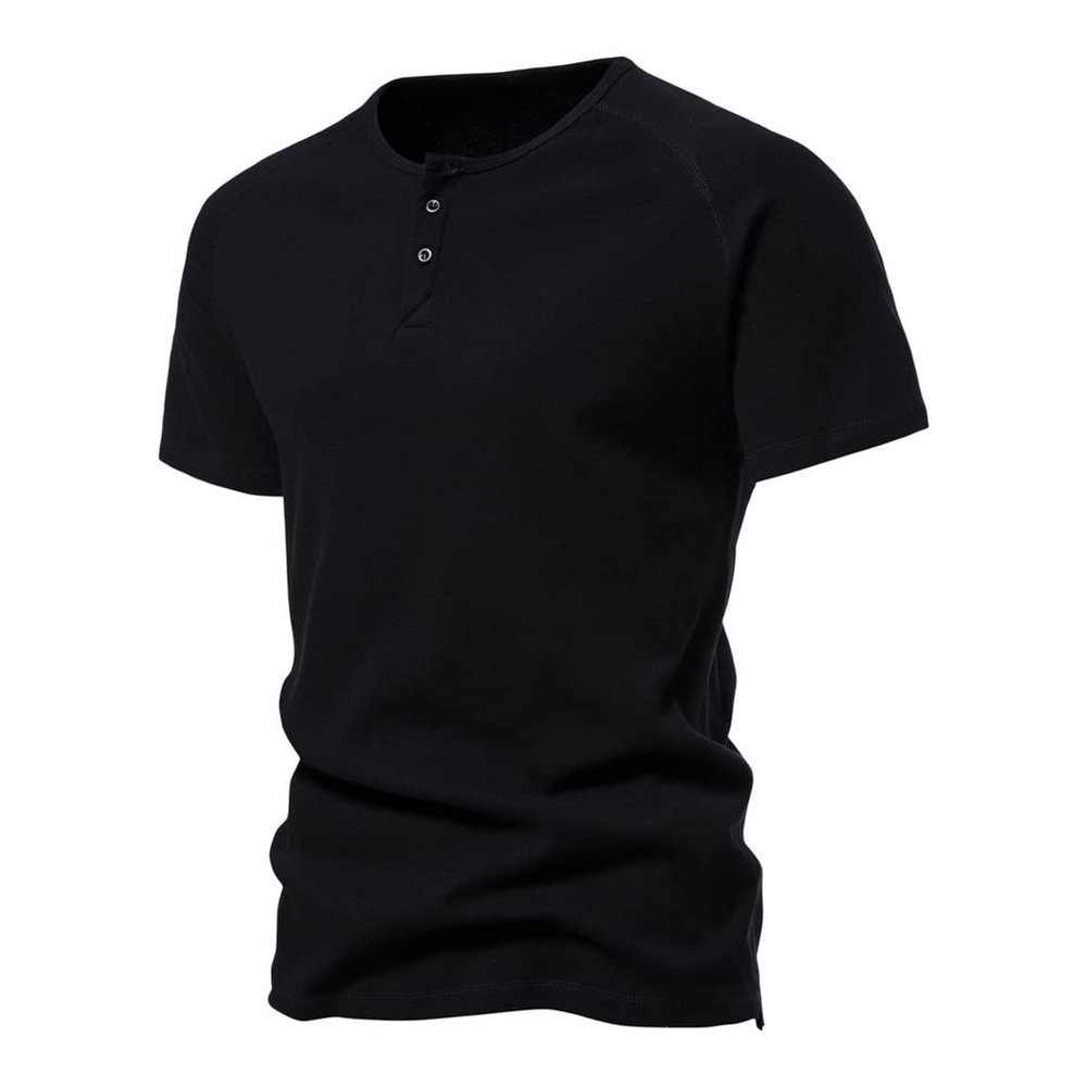 Hdhdeueh Men Henry Neck Button T Shirt Solid Color Golf Wear Basic T-Shirt Black