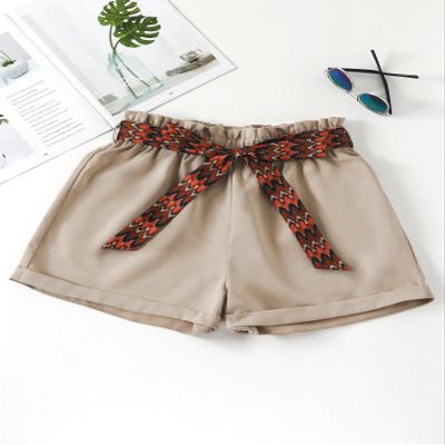 AKIOLOAS Women's Shorts 1pc Paperbag Waist Belted Roll Up Hem Shorts Women's Shorts Shorts for Women (Color : Apricot, Size : X-Large)