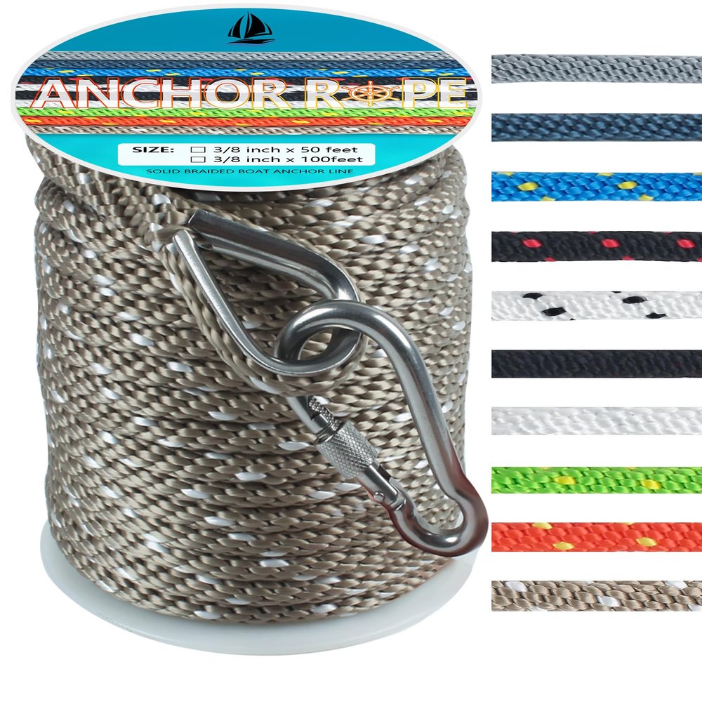 3/8 Inch 50 FT Anchor Rope, Boat Anchor Rope Solid Braid MFP, Anchor Line with 316 Stainless Steel Thimble and Snap Hook - Gold & White