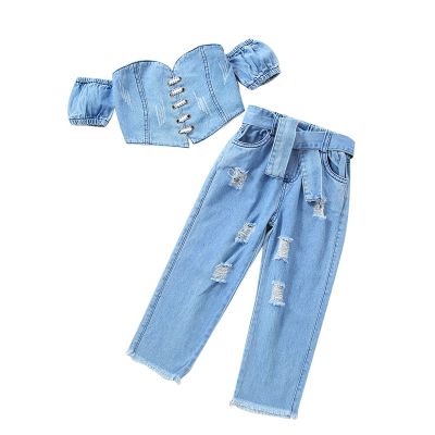 Kids Infant Shorts Sleeve Suit Girl's Off The Shoulder Short Sleeve Drawstring Wipe Chest Top Denim (Blue, 6-7 Years)