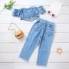 Kids Infant Shorts Sleeve Suit Girl's Off The Shoulder Short Sleeve Drawstring Wipe Chest Top Denim (Blue, 6-7 Years) view 3