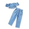 Kids Infant Shorts Sleeve Suit Girl's Off The Shoulder Short Sleeve Drawstring Wipe Chest Top Denim (Blue, 6-7 Years) view 4