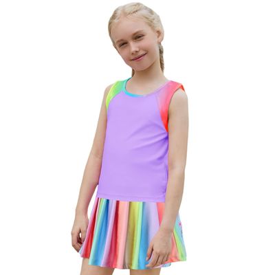 MODAFANS Girls Tennis Golf Dress Athletic Outfit Kids Tie dye Tank Top and Skorts Sets Sports Skirt with Shorts 12-13Years,Colorful Rainbow