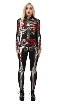 Honeystore Women's Skeleton Bodysuit Halloween Costume Bodycon Catsuit Jumpsuit BAX-214 XL