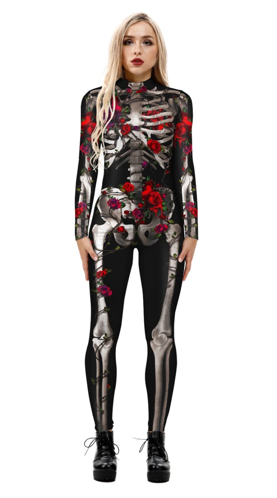 Honeystore Women's Skeleton Bodysuit Halloween Costume Bodycon Catsuit Jumpsuit BAX-214 XL