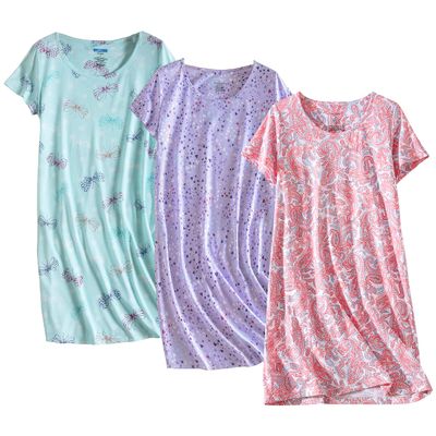 PNAEONG 3 Pack Women's Cotton Nightgown Sleepwear Short Sleeves Shirt Casual Print Sleepdress SY003-Fly+Purple+Paisley-2XL