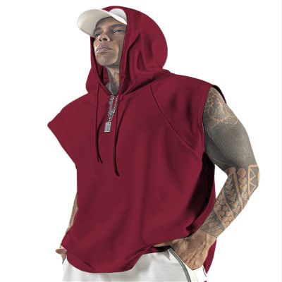 Aixdir Mens Sleeveless Shirts Workout Tops Gym Shirt Sleeveless Hooded Tank Top Muscle Shirt Wine Red
