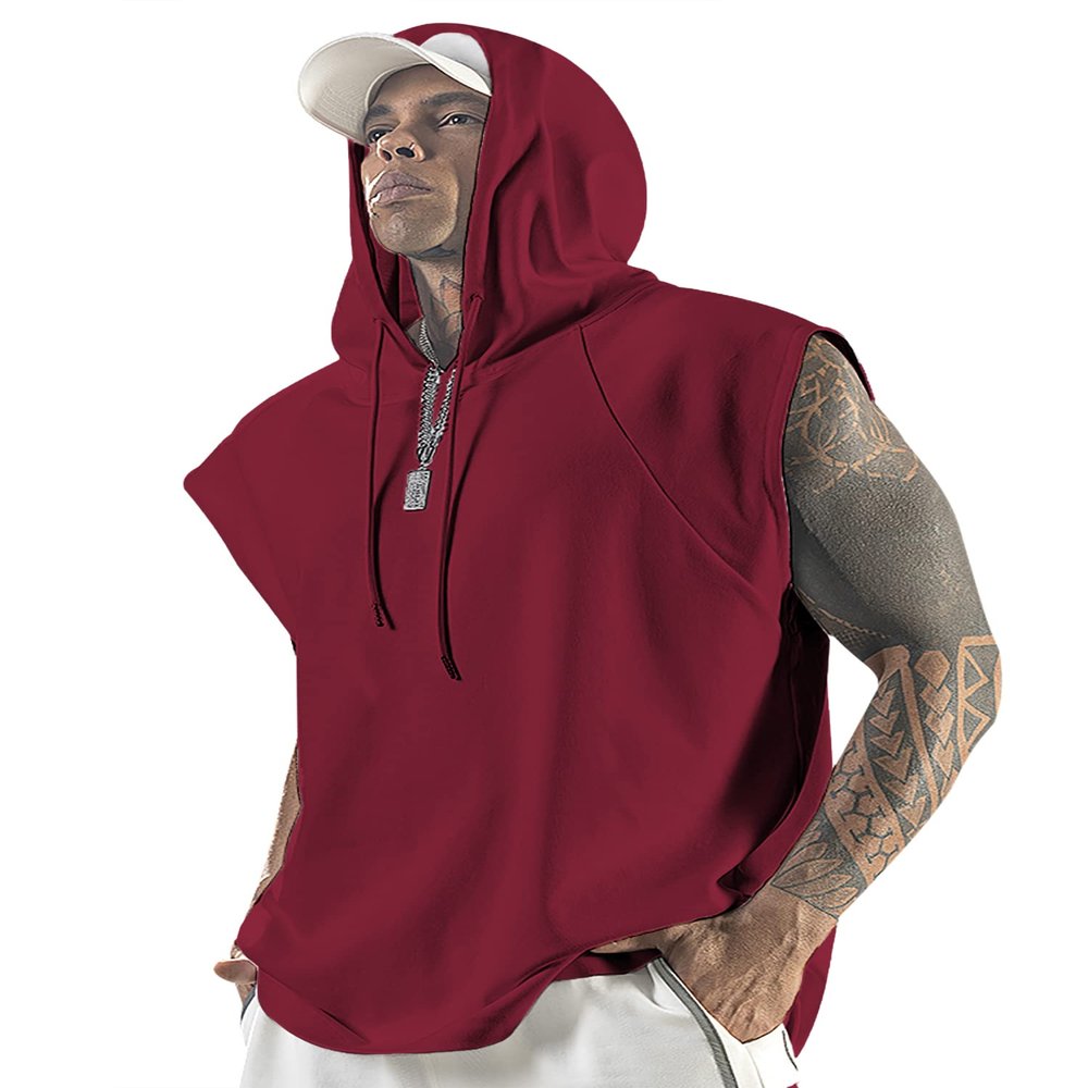 Aixdir Mens Sleeveless Shirts Workout Tops Gym Shirt Sleeveless Hooded Tank Top Muscle Shirt Wine Red