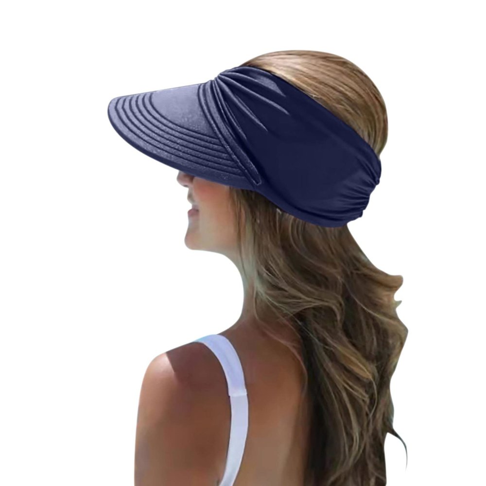 Women Pleated Empty Top Visors Cap Breathable Stretch Sun Hats Sunscreen Sunshade Beach Baseball Caps (Navy, One Size)