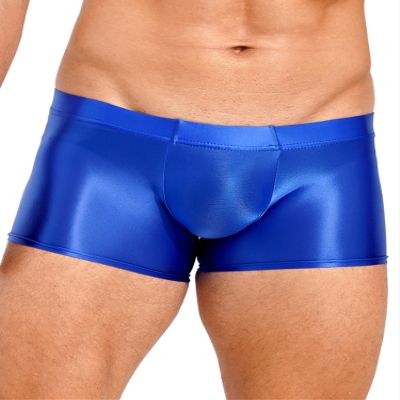 dPois Mens High Waist Shiny Compression Shorts Fitness Workout Boxer Shorts Gym Running Short Tights Blue Medium