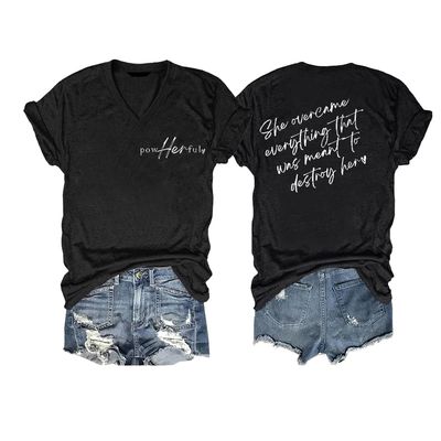 She Overcame Everything T Shirt Powerful Women Shirt She Overcame Everything That was Meant to Destroy Her Shirt Fun Funny Gifts V-Neck Casual Tee Positive Graphic Tee Shirts Plus Size 5XL Black