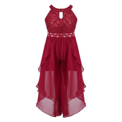 Hularka Kids Girls Floral Lace Pageant Dance Romper Gown Sleeveless Halter Flower Girl High-Low Dress Jumpsuit Burgundy 10 Years