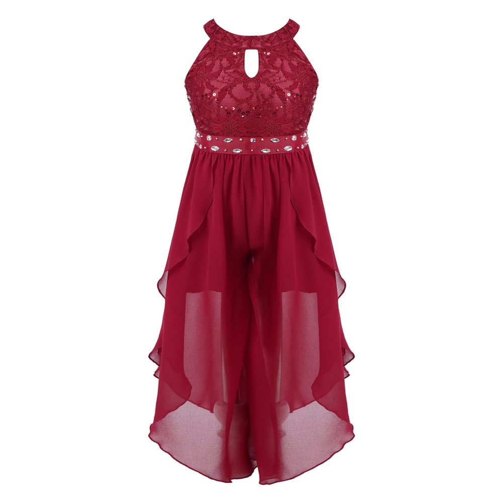 Hularka Kids Girls Floral Lace Pageant Dance Romper Gown Sleeveless Halter Flower Girl High-Low Dress Jumpsuit Burgundy 10 Years