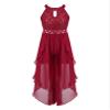 Hularka Kids Girls Floral Lace Pageant Dance Romper Gown Sleeveless Halter Flower Girl High-Low Dress Jumpsuit Burgundy 10 Years view 1
