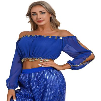 Manyakai Women Belly Dance Stage Performance Crop Top Off Shoulder Sequined Beaded Shirt Clubwear Blue One Size