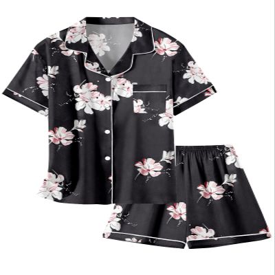 Schbbbta Satin Pajamas for Girls Kids, Silk Pajamas 2 Pcs Button Down Sleepwear Short Sleeve Loungewear Outfit for Girls, Flower Black, 9-10 Years = Tag 150